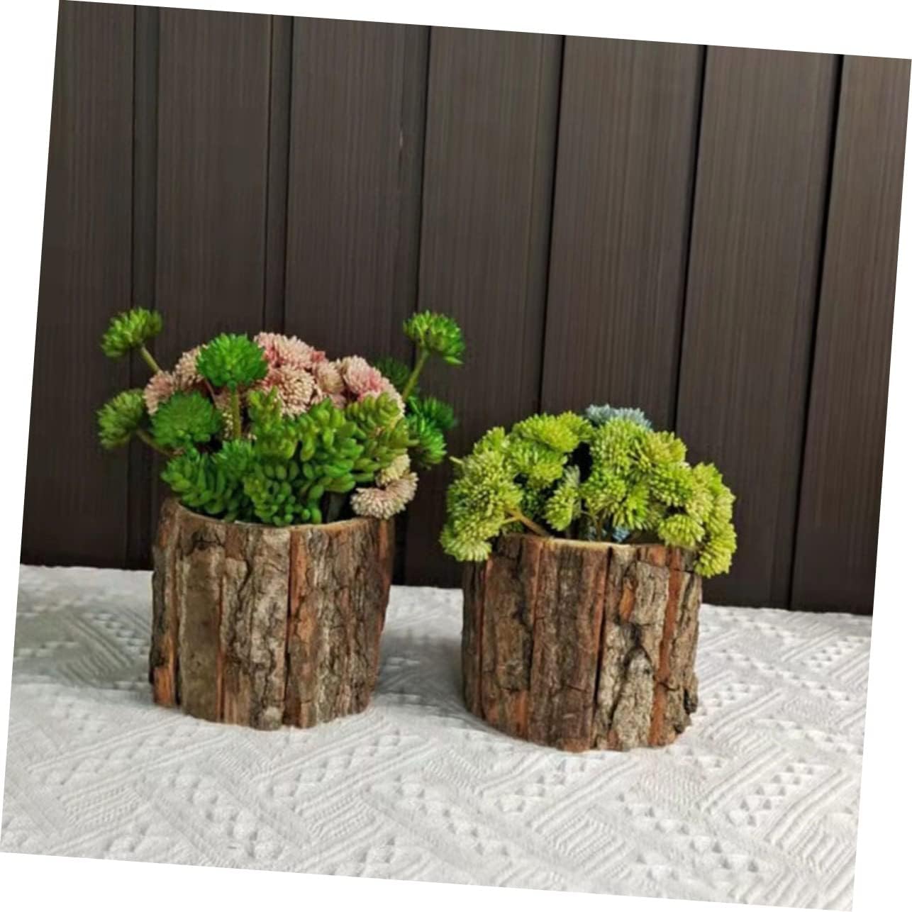 OSALADI Maceta de madera para tocón, 4 piezas, cubo de flores de corteza, barril de whisky al aire libre, macetas rústicas