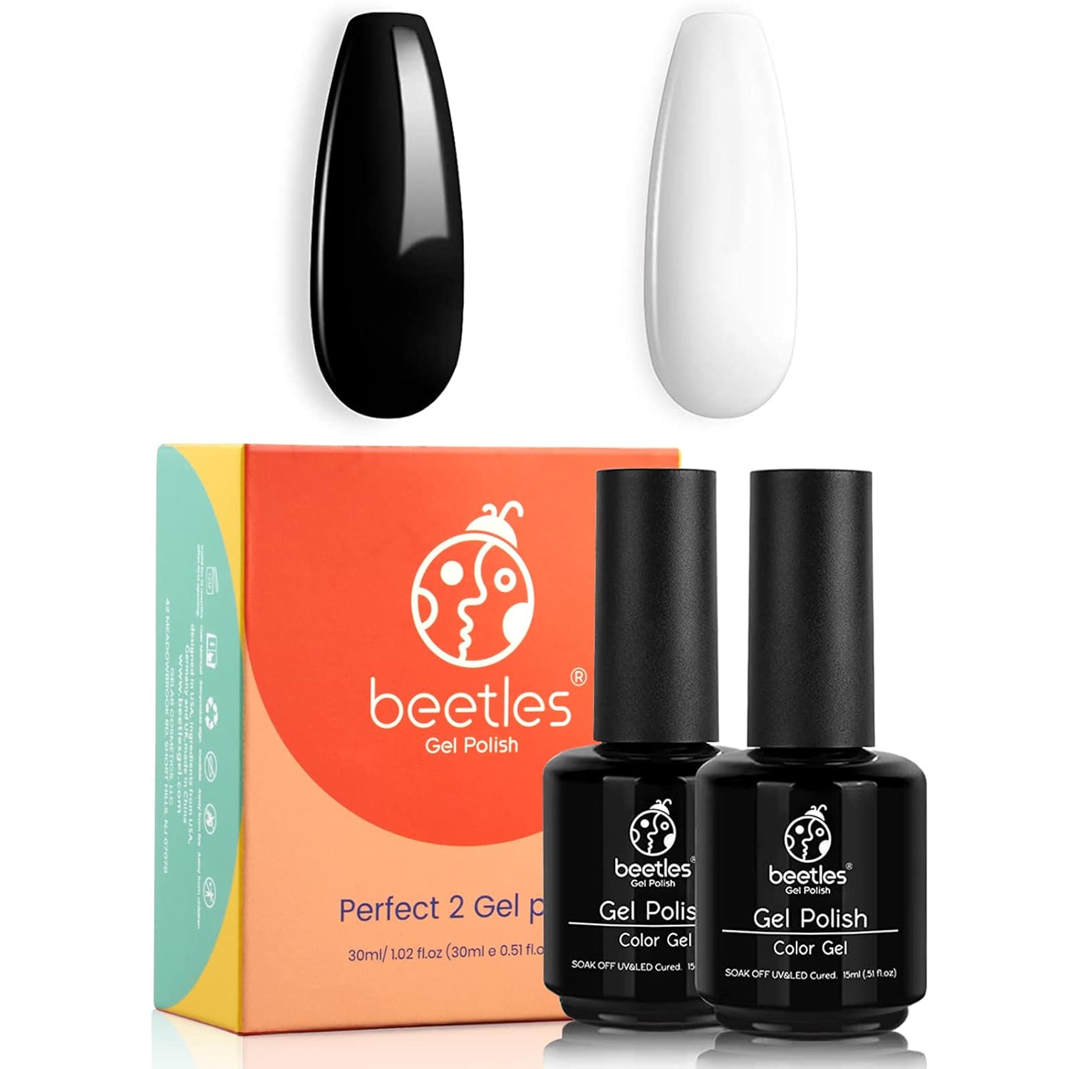 Beetles – Kit de esmalte de uñas de gel 5 en 1, fortalecedor y gel de esmalte de uñas en gel, 2 piezas de 0.5 onzas líquidas, color blanco y negro,