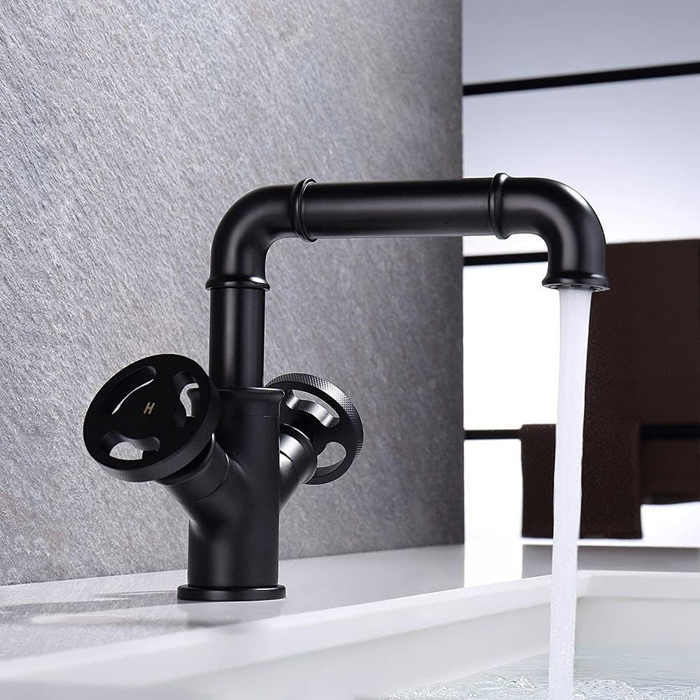 KunMai Tubo industrial solo agujero dos manijas grifo lavabo doble manijas latón macizo en negro mate
