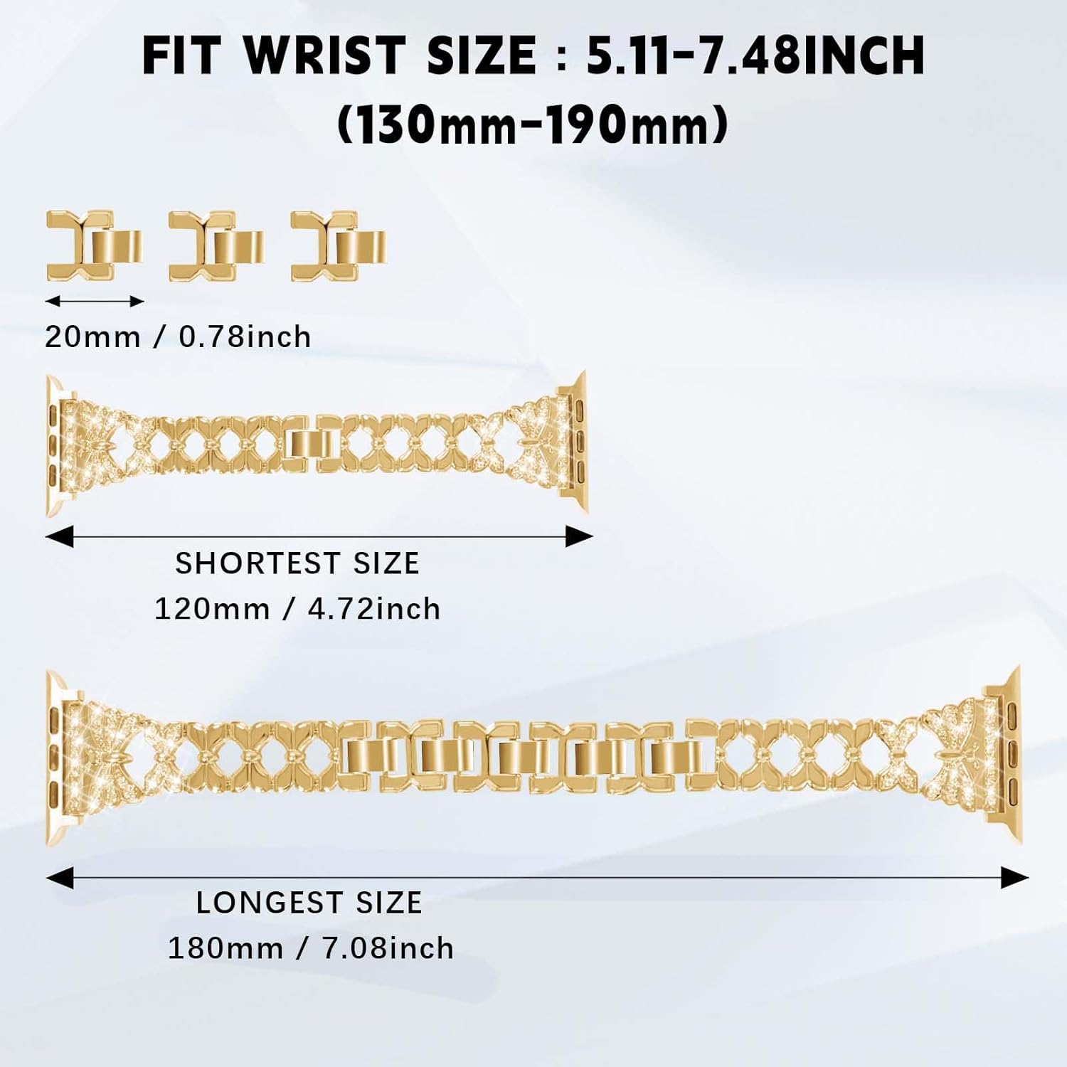 Compatible con Apple Watch Band de 1.496 in, 1.575 in, 1.614 in, 1.654 in, 1.732 in, 1.772 in, correa de metal de joyería de mariposa de diamante