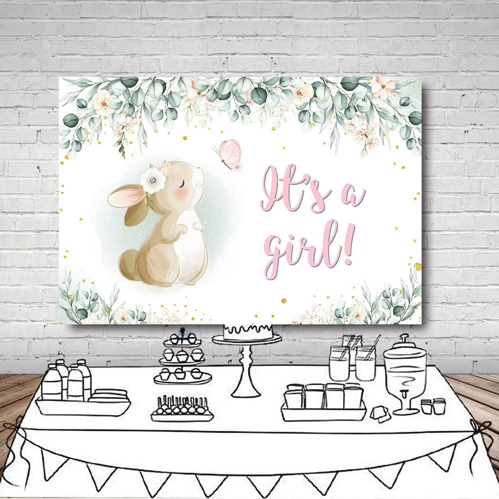 MEHOFOND Fondo para decoración de fiesta de baby shower, de 7 x 5 pies, pancarta de primavera de Pascua, rosa, floral, mariposa, conejo, hojas de