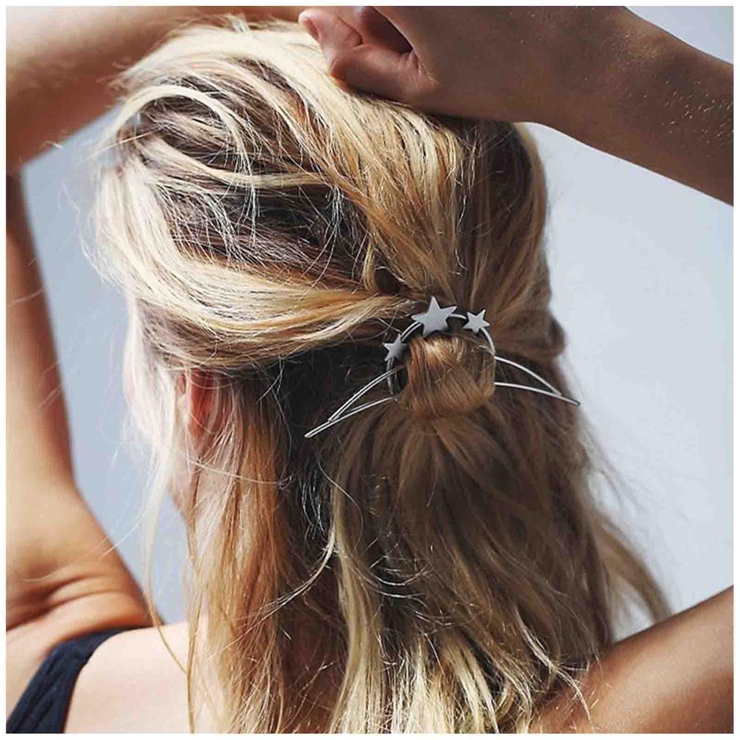 Palo de pelo con estrella bohemia plateada, pasador de pelo de estrella de círculo, pasador de pelo de estrella de metal, tobogán para el cabello,