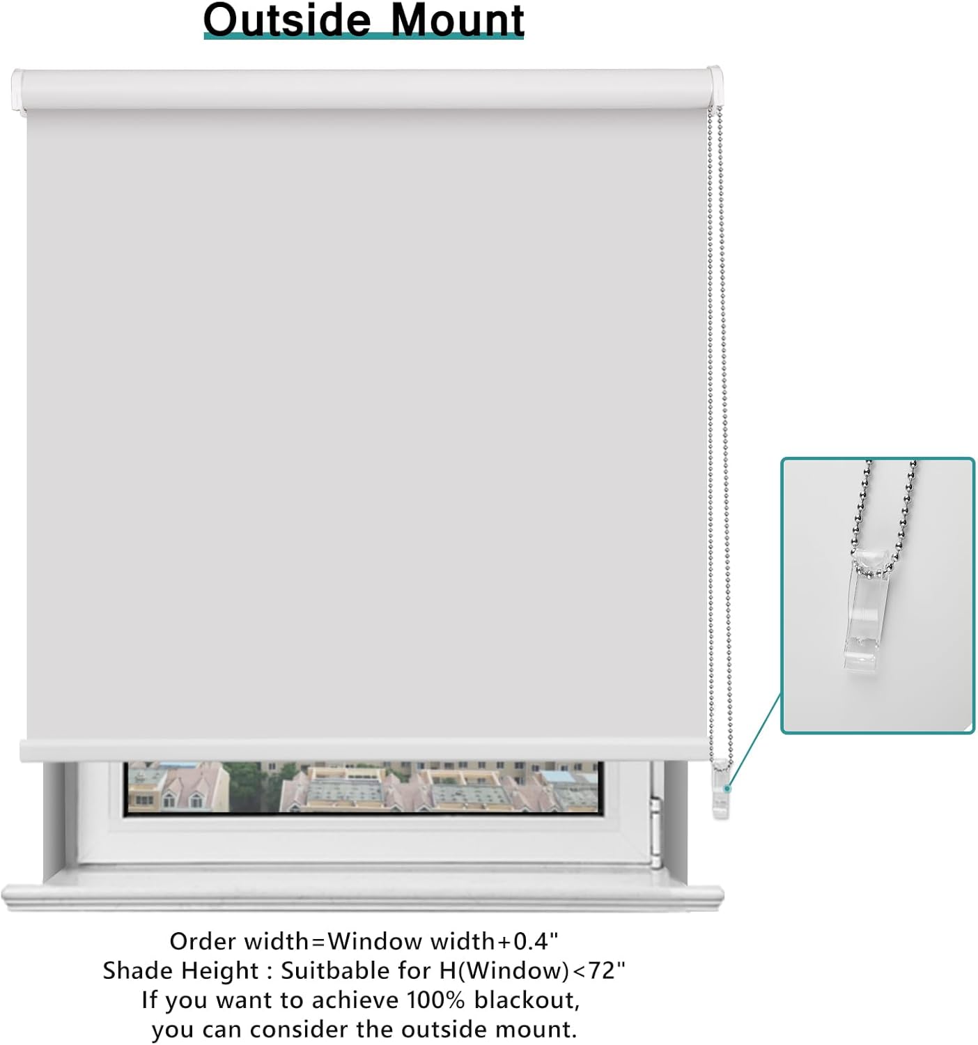Buseu Persiana enrollable 100% opaca de 34 pulgadas de ancho x 72 pulgadas de alto, color blanco con aislamiento térmico, protección UV, privacidad,