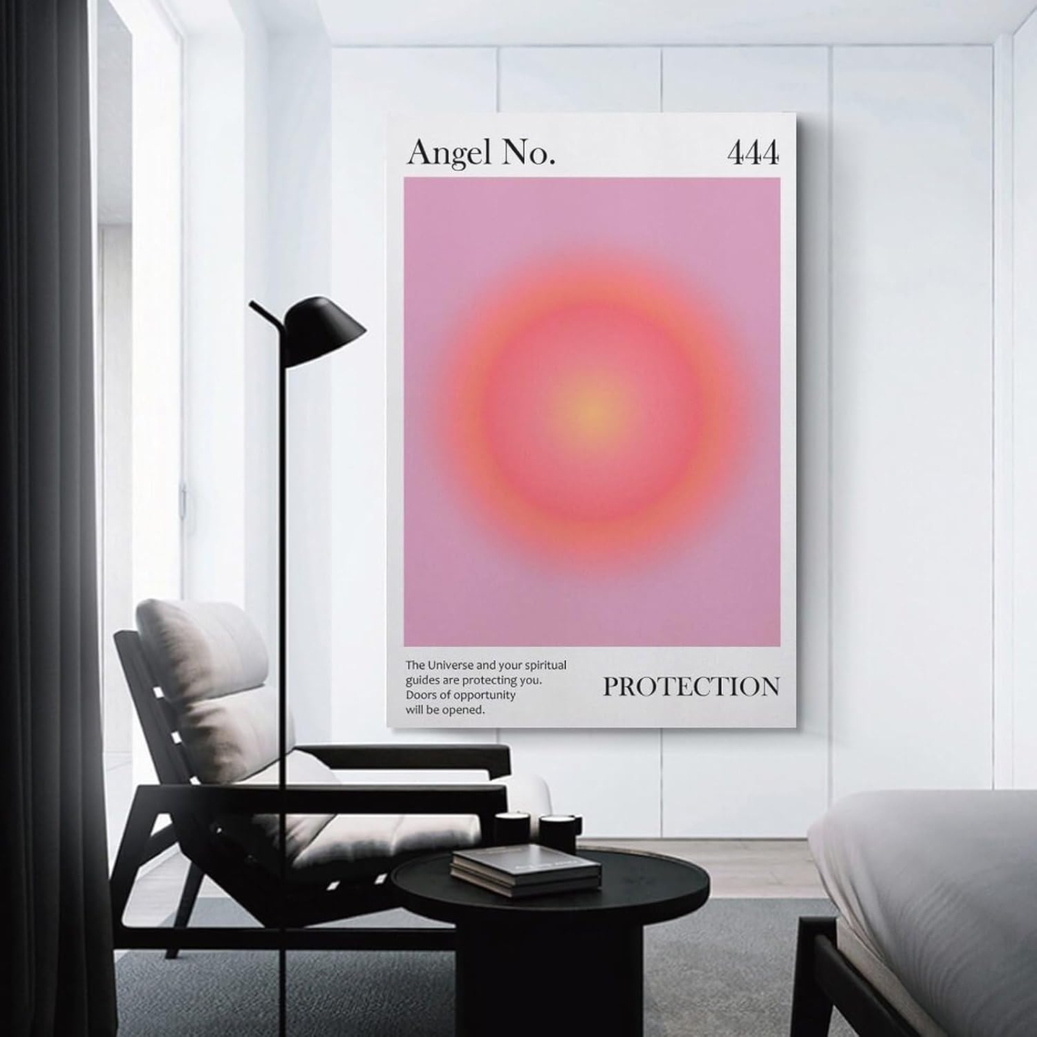 Póster de ángel con el número 444 impreso, color rosa, protección espiritual para el hogar, ley de atracción, manifiesto, póster de lienzo para