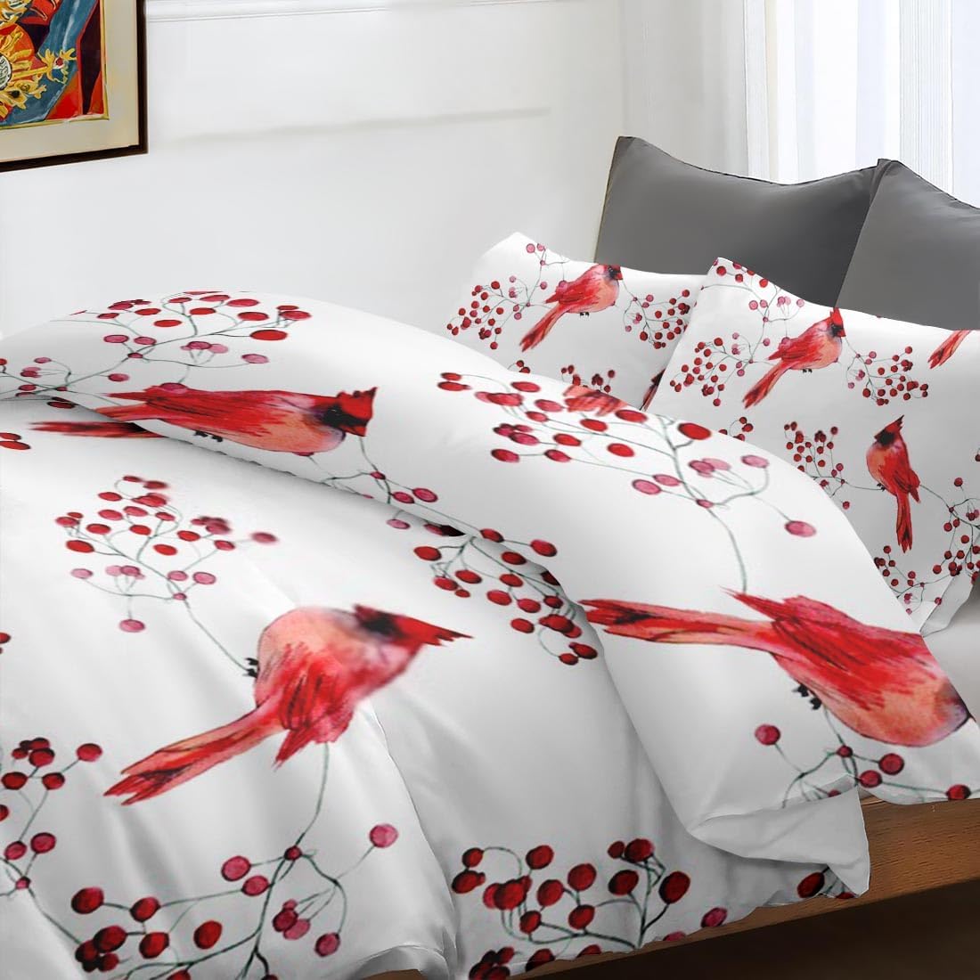 Juego de funda de edredón, bonito juego de ropa de cama de invierno con pájaros cardenales para niños y adultos, decoración de dormitorio, juego de