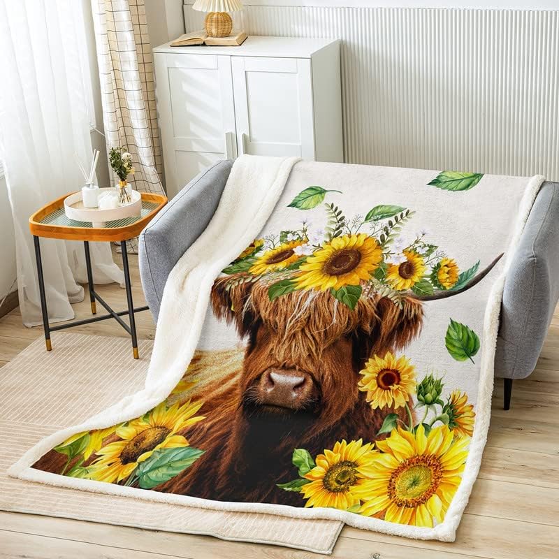 Manta de vellón de vaca Highland para cama, sofá, sillón, manta de felpa de ganado de las tierras altas, girasol, manta decorativa de animales