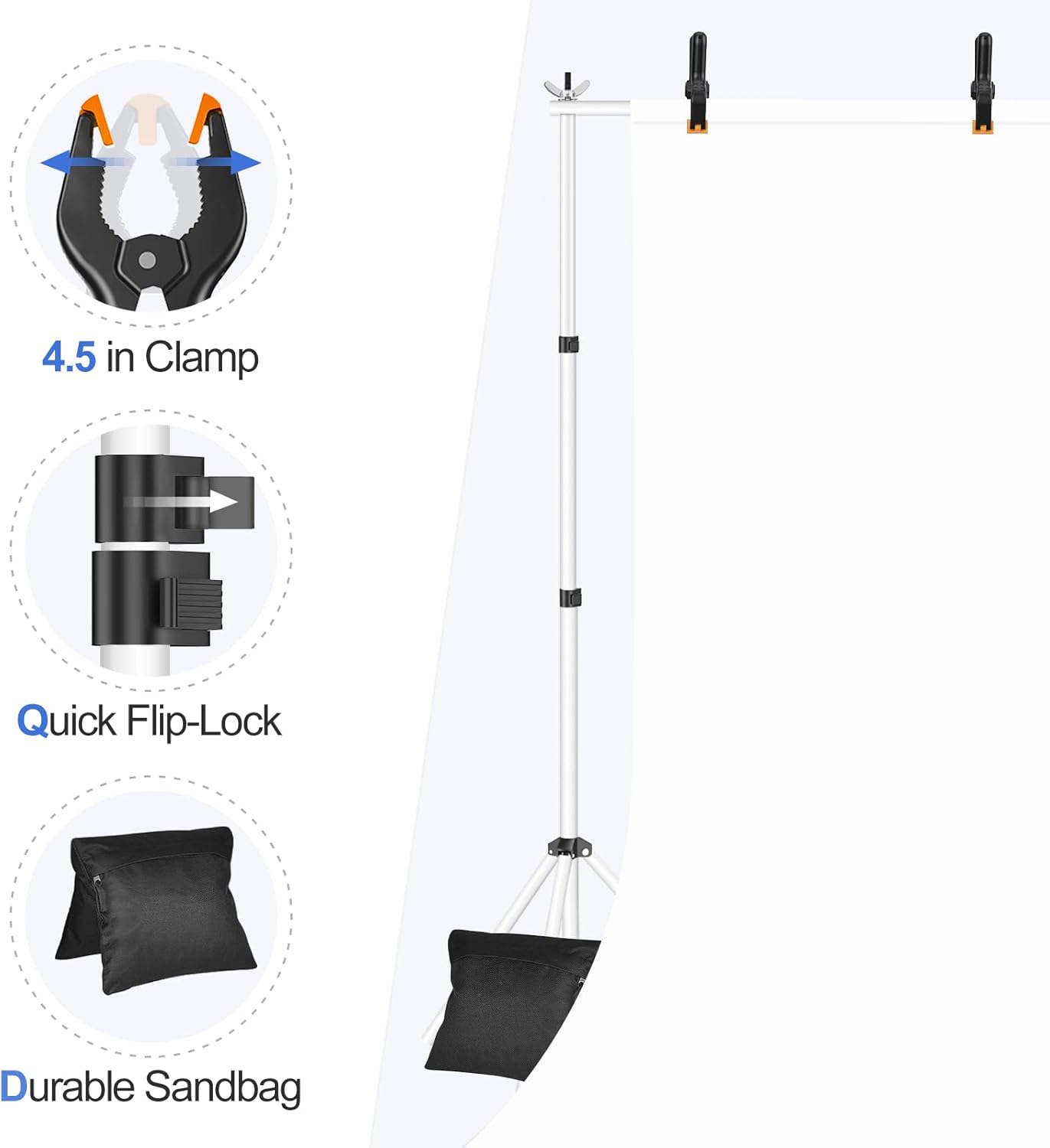 EMART Soporte de fondo ajustable de 10 x 7 pies (ancho x alto) para estudio fotográfico con 2 barras transversales, 8 abrazaderas de telón de fondo,