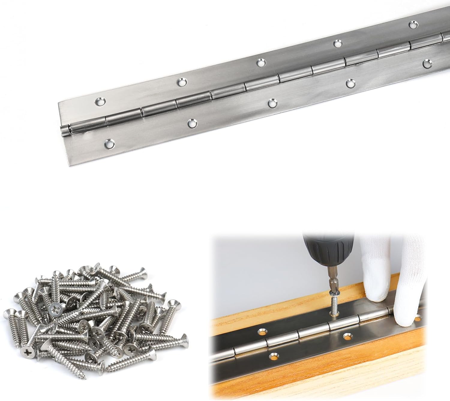 Muzata Paquete de 1 bisagra de piano de acero inoxidable resistente de 71 pulgadas con agujeros para caja de almacenamiento de puerta de barco, 2