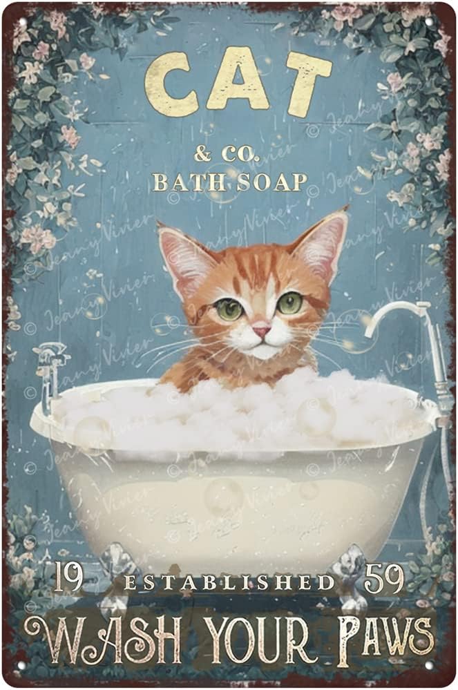 Zomyto Divertido arte de pared de gato en la bañera, impresiones en lienzo para decoración de pared, letrero de baño de gato, rústico, decoración de