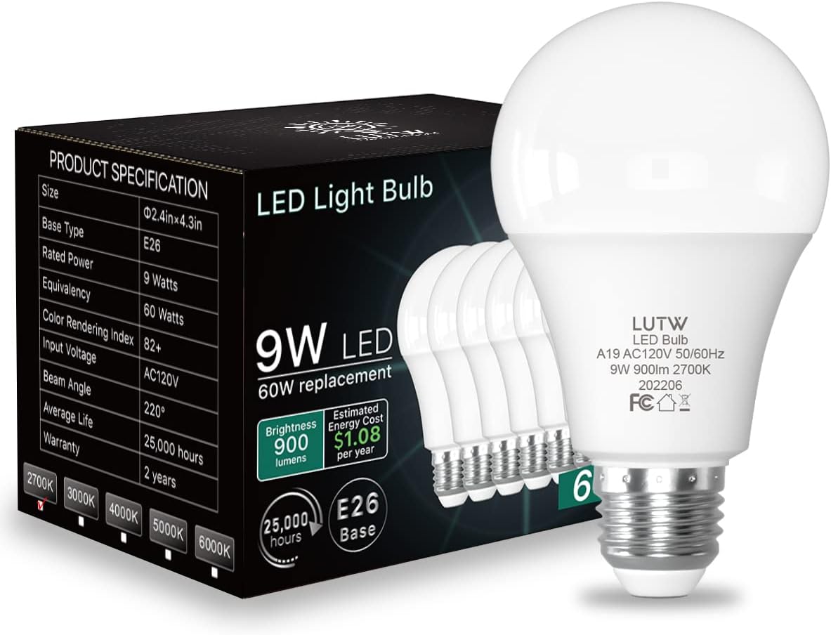 Bombillas LED equivalentes a 60 vatios, bombilla LED estándar de 900 lúmenes, base E26 de 9 W, blanco cálido 2700 K, no regulable, perfecto para