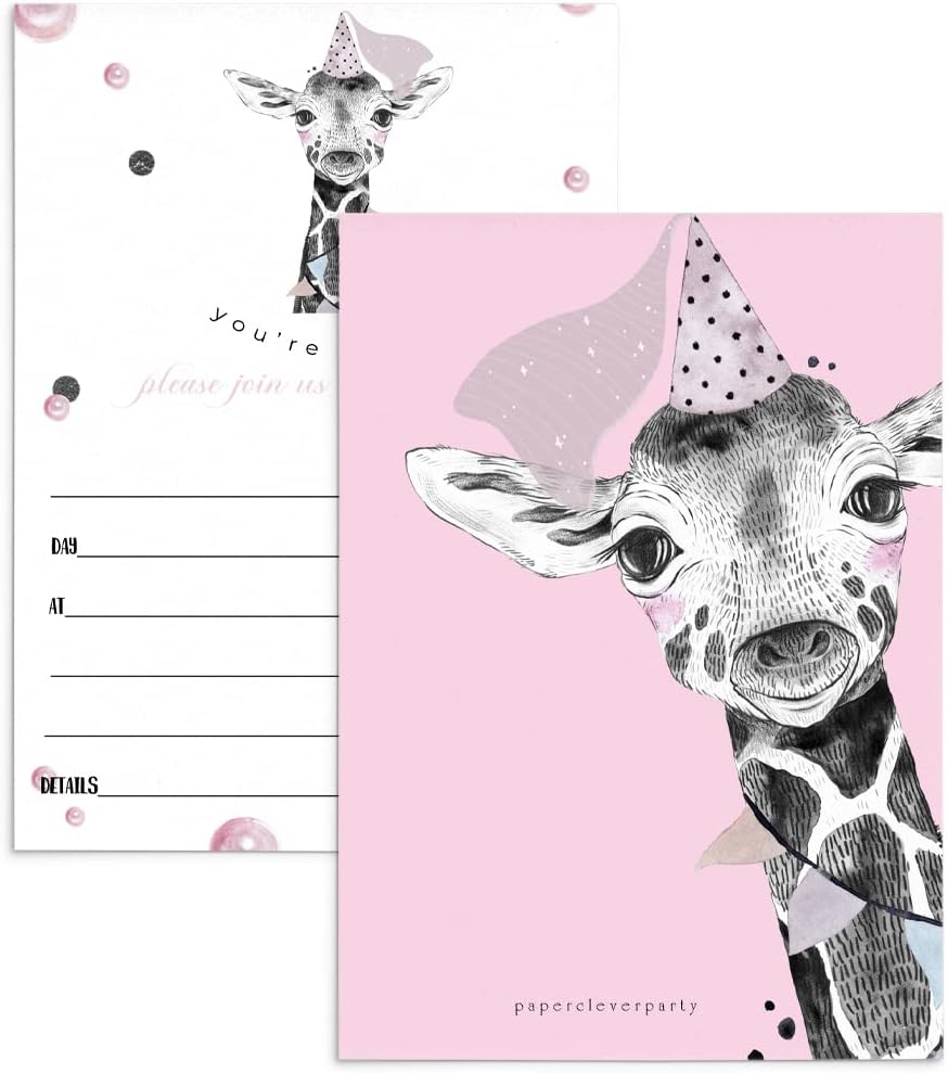 Invitación de fiesta de jirafa rosa para niñas (paquete de 25) invitaciones de cumpleaños en blanco con sobres para niños, baby shower, espolvorear