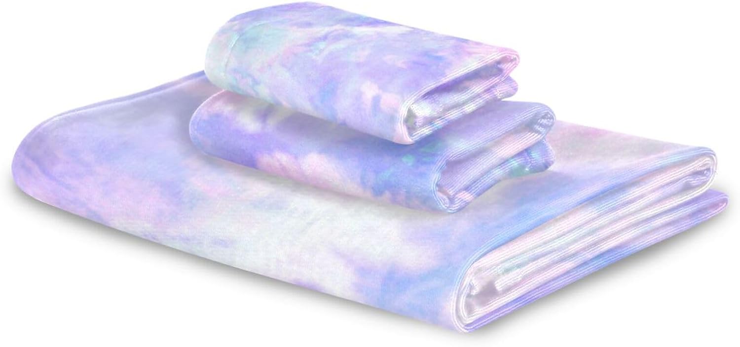 Juego de toallas de 3 piezas con estampado de teñido anudado morado, 1 toalla de baño, 1 toalla de mano, 1 paño de lavado, toallas de secado rápido