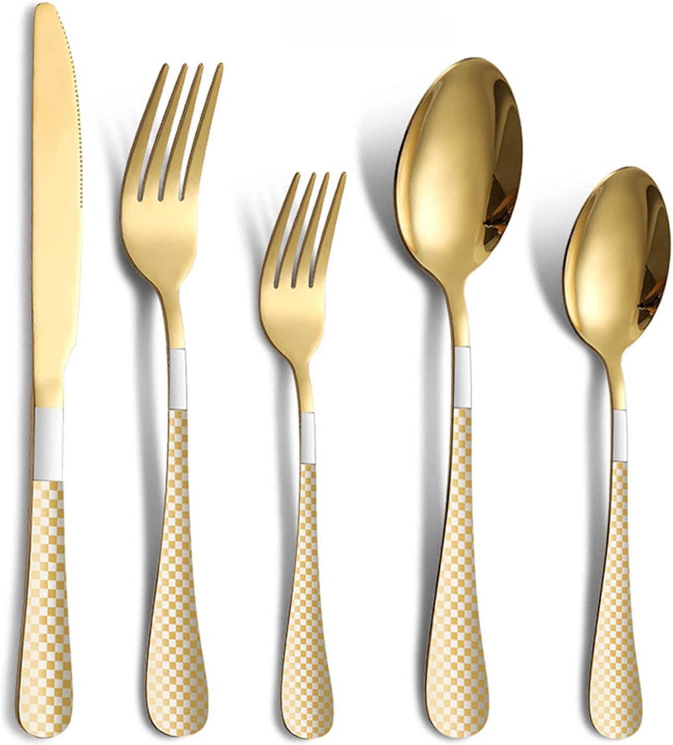 Juego de cubiertos de acero inoxidable con estampado a cuadros, 20 piezas, con cuchillo, tenedor, cuchara, apto para lavavajillas
