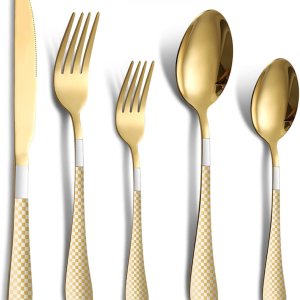 Juego de cubiertos de acero inoxidable con estampado a cuadros, 20 piezas, con cuchillo, tenedor, cuchara, apto para lavavajillas Juego de cubiertos de acero inoxidable con estampado a cuadros, 20 piezas, con cuchillo, tenedor, cuchara, apto para lavavajillas