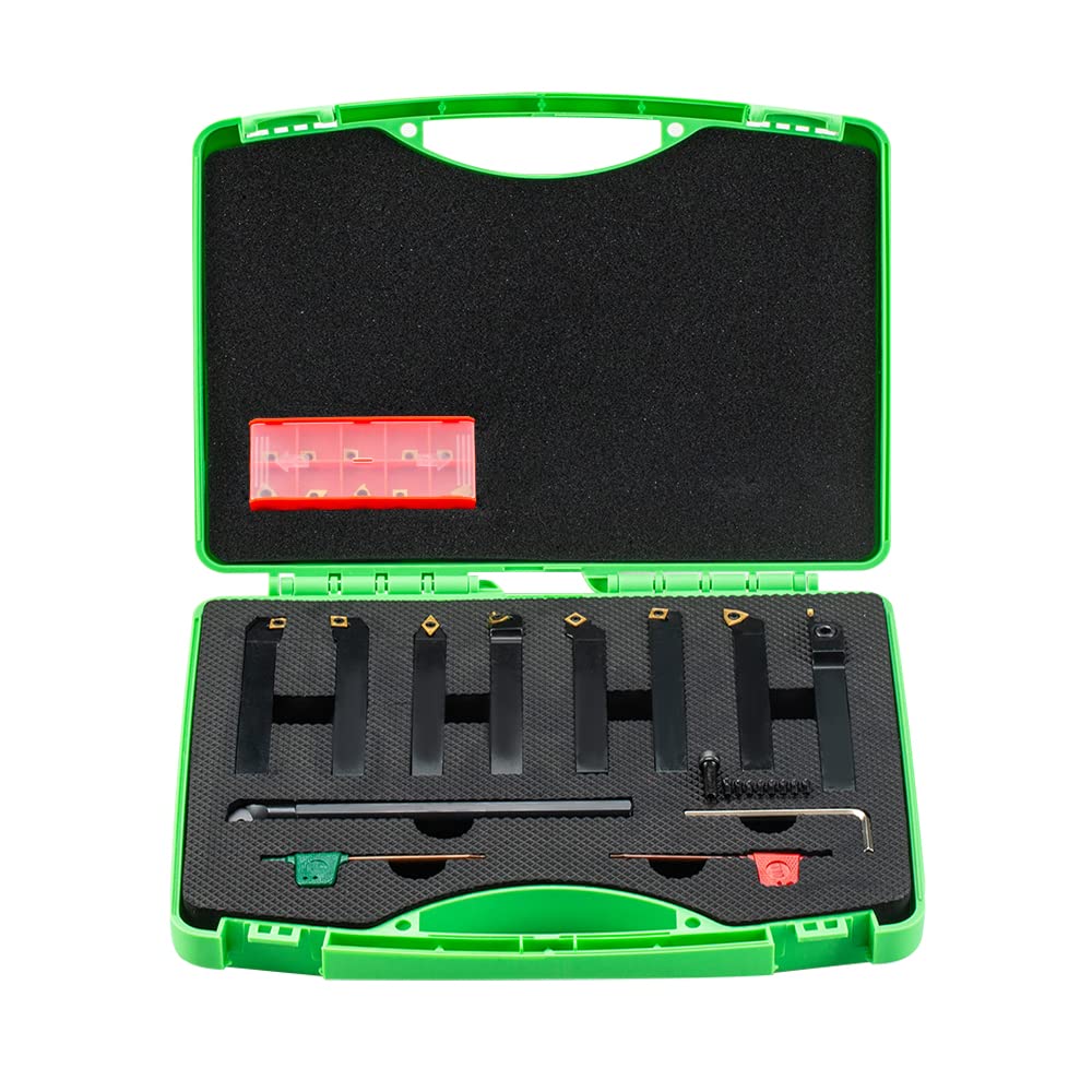 YUFUTOL Herramienta de torneado de torno indexable, vástago de 12 pulgada, 9 piezas de herramientas de torneado de carburo y barra de taladrado,