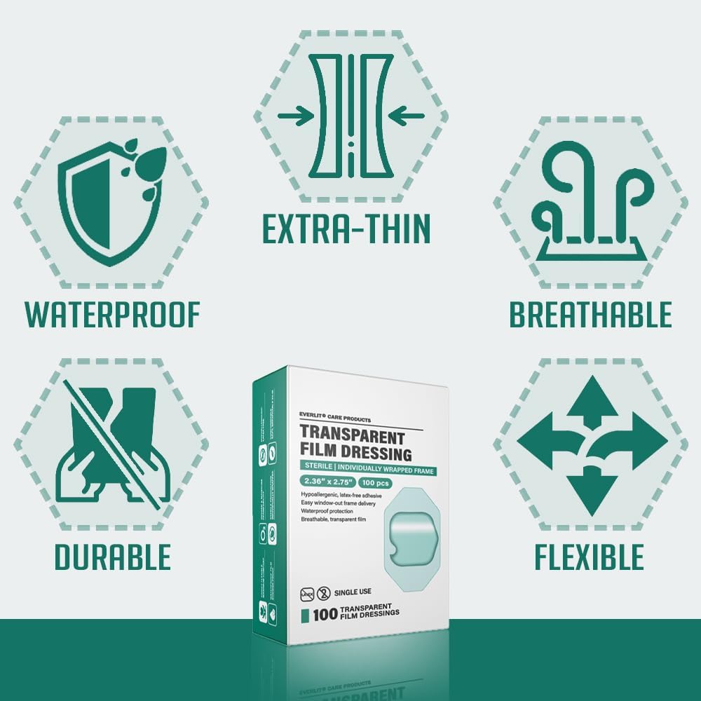 Everlit Care – Aderezo de película transparente, parche adhesivo impermeable grande, marco de ventana para ducha posquirúrgica, escudo intravenoso,