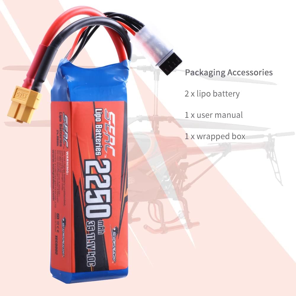 SUNPADOW Batería Lipo RC de 11.1V 3S 40C 2250mAh con conector XT60 recargable para avión RC Quadcopter, helicóptero, drone FPV Racing Hobby (2