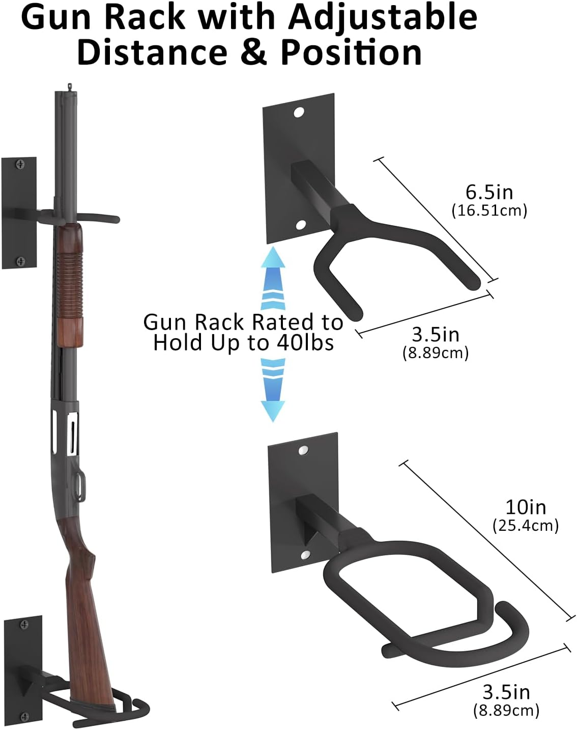 Bastidor de pistola ajustable, montaje en pared, estante de acero resistente para pistolas, para interiores, soporta hasta 150 libras, soporte de