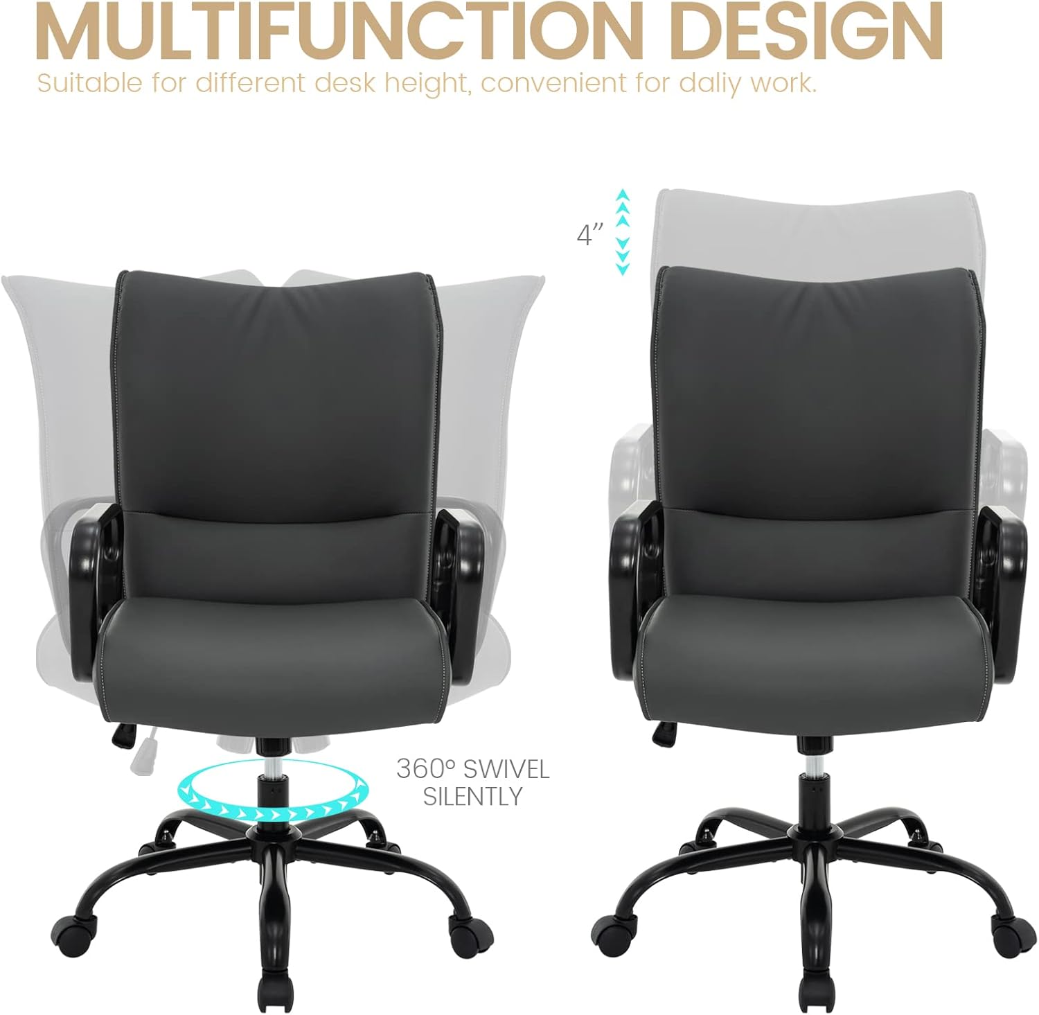 HFGI Living Silla de oficina en casa, moderna silla tapizada de piel sintética con brazos, silla de escritorio giratoria ajustable con ruedas (gris