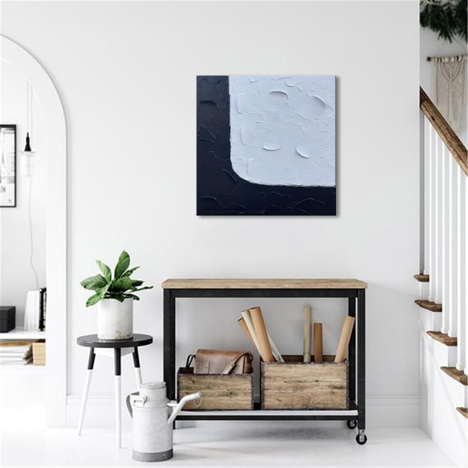 zoinart Lienzo pintado a mano en blanco y negro, arte de pared de 24 x 24 pulgadas, pinturas abstractas texturizadas, minimalista, contemporáneo,