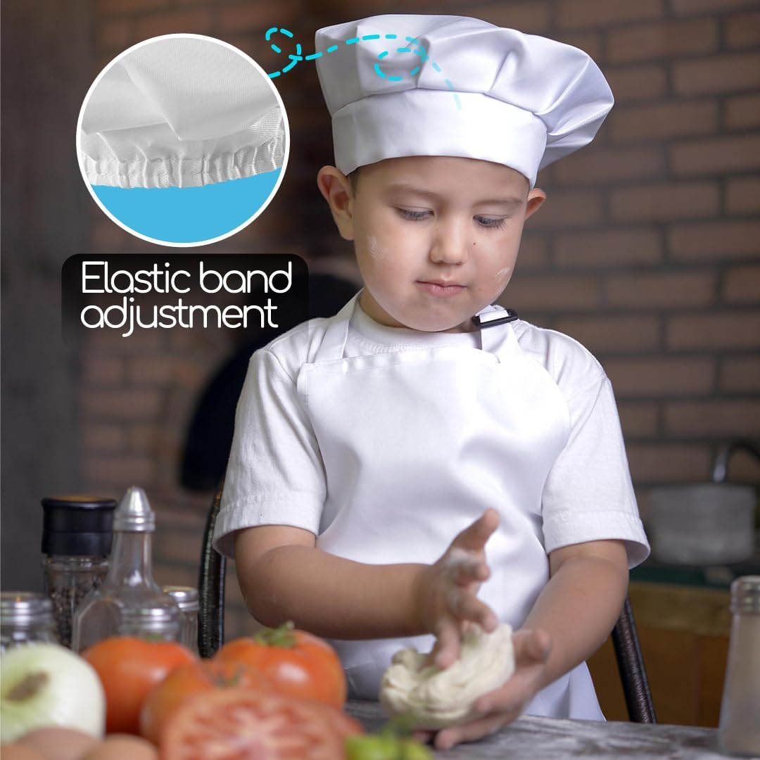 4 piezas de sombrero y delantal de chef para niños, delantales de cocina para niños incluyen 3 delantales blancos y 1 negro con sus sombreros,