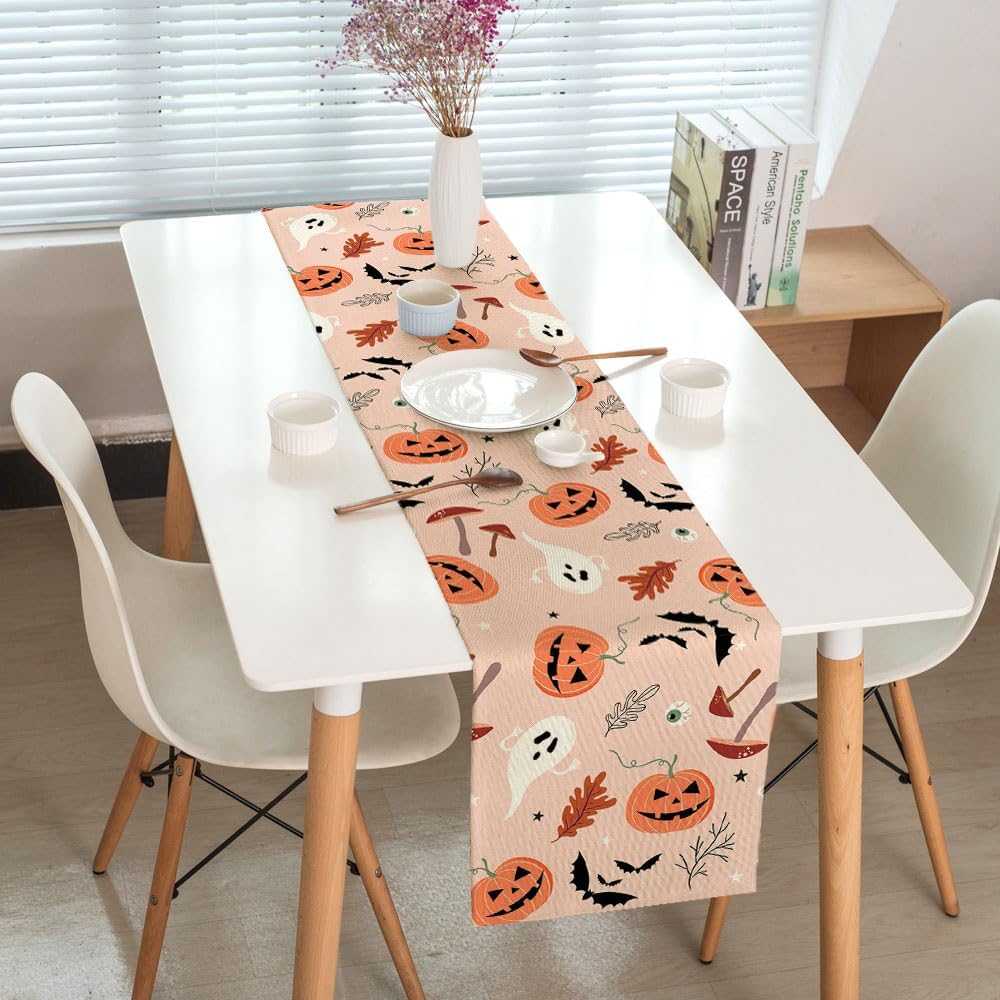 Camino de mesa temático de Halloween, lindo fantasma rosa, calabaza, divertido patrón de hongos, cocina, comedor, mesa de café, decoración para