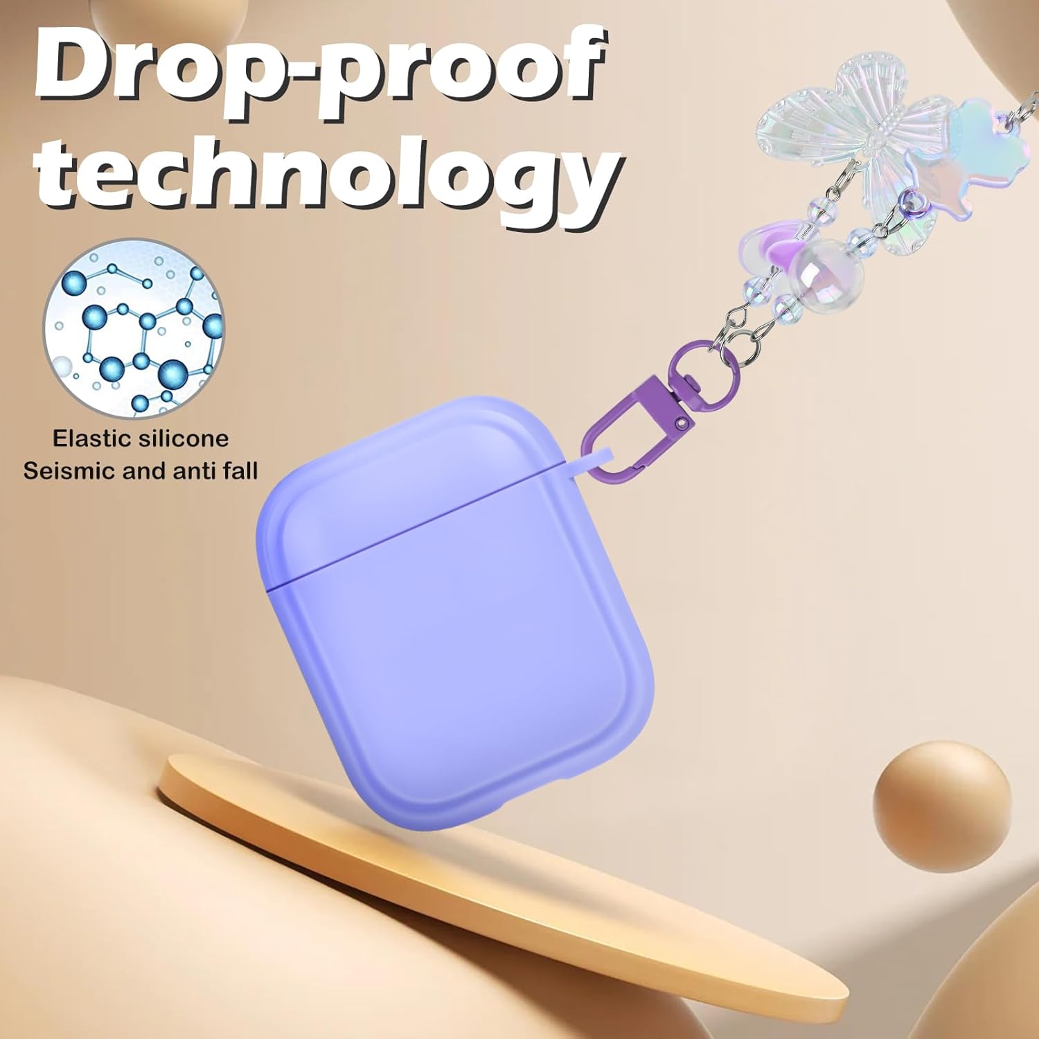Bonita funda para AirPods 1 y 2 con llavero de corazón de mariposa brillante con purpurina, protección de cuerpo completo de silicona suave a prueba