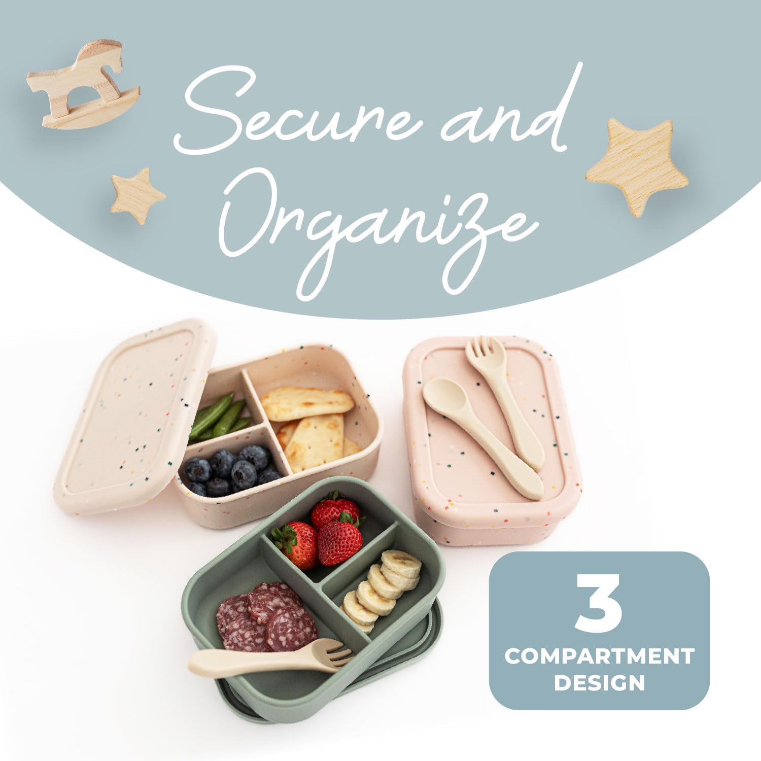 Nyte Nyte Baby Green Kids Bento Box – Lonchera 100% silicona de grado alimenticio para adultos y niños pequeños, con 3 compartimentos, apta para