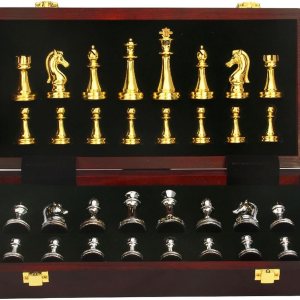 MaGILL Juego de ajedrez internacional de ajedrez de madera, tablero de ajedrez plegable grande con piezas de ajedrez de metal dorado y plateado con MaGILL Juego de ajedrez internacional de ajedrez de madera, tablero de ajedrez plegable grande con piezas de ajedrez de metal dorado y plateado con