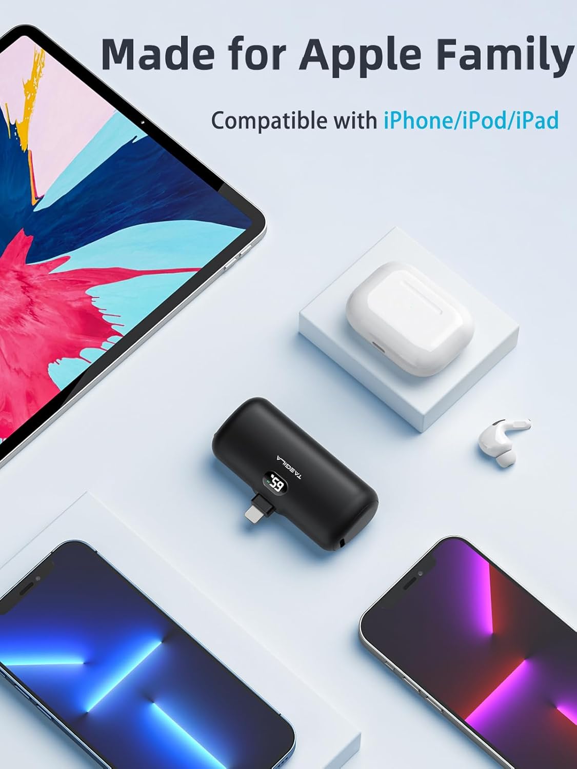 Taegila Cargador portátil pequeño para iPhone de 5000 mAh con cable integrado, banco de energía compacto certificado MFi con pantalla LCD y luz LED