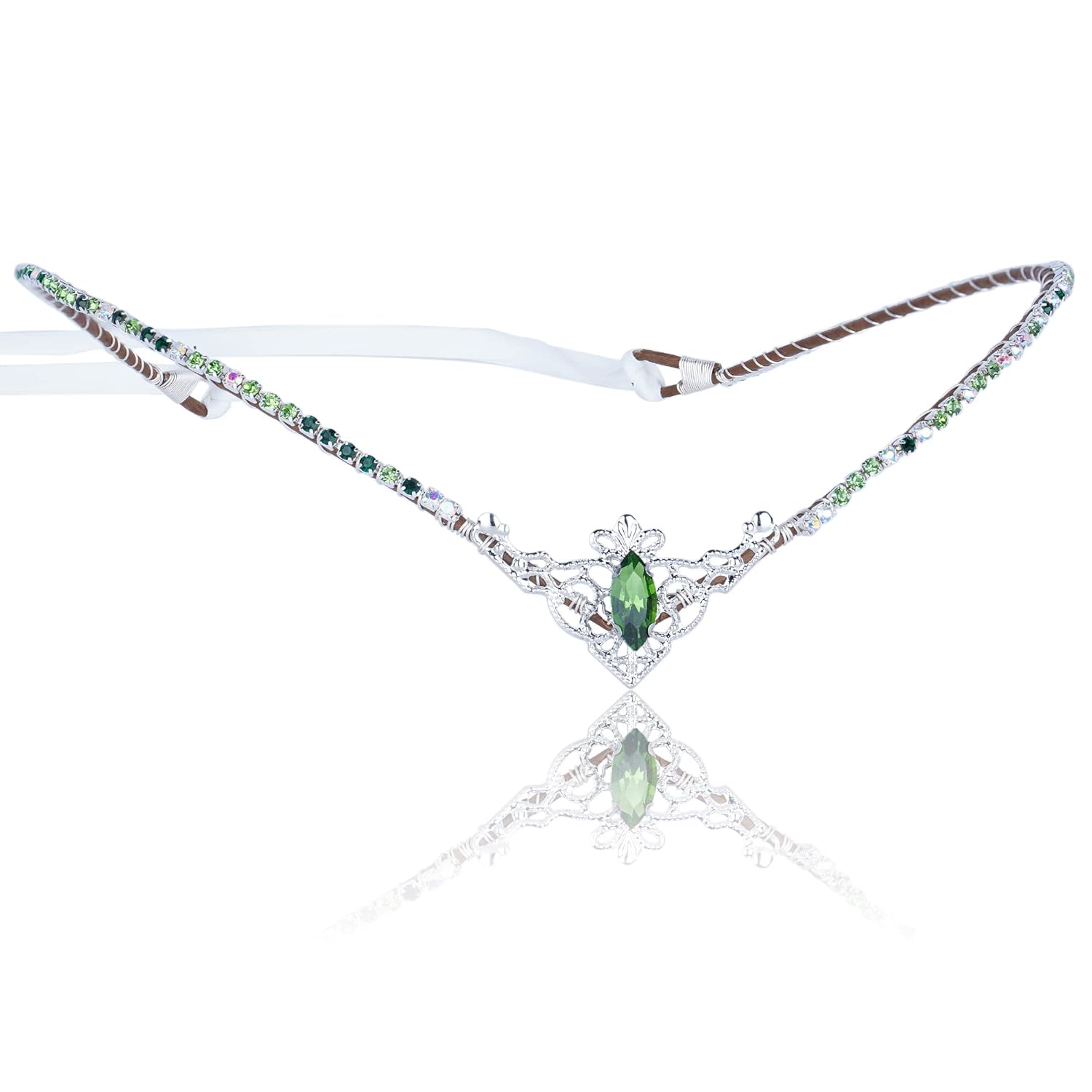 MOSTORY Handmade Green Crystal Tiara for Princess Wedding Rhinestone Fairy Crown Headband for Bridal Shower V-shape Woodland Elf Headpiece for Women