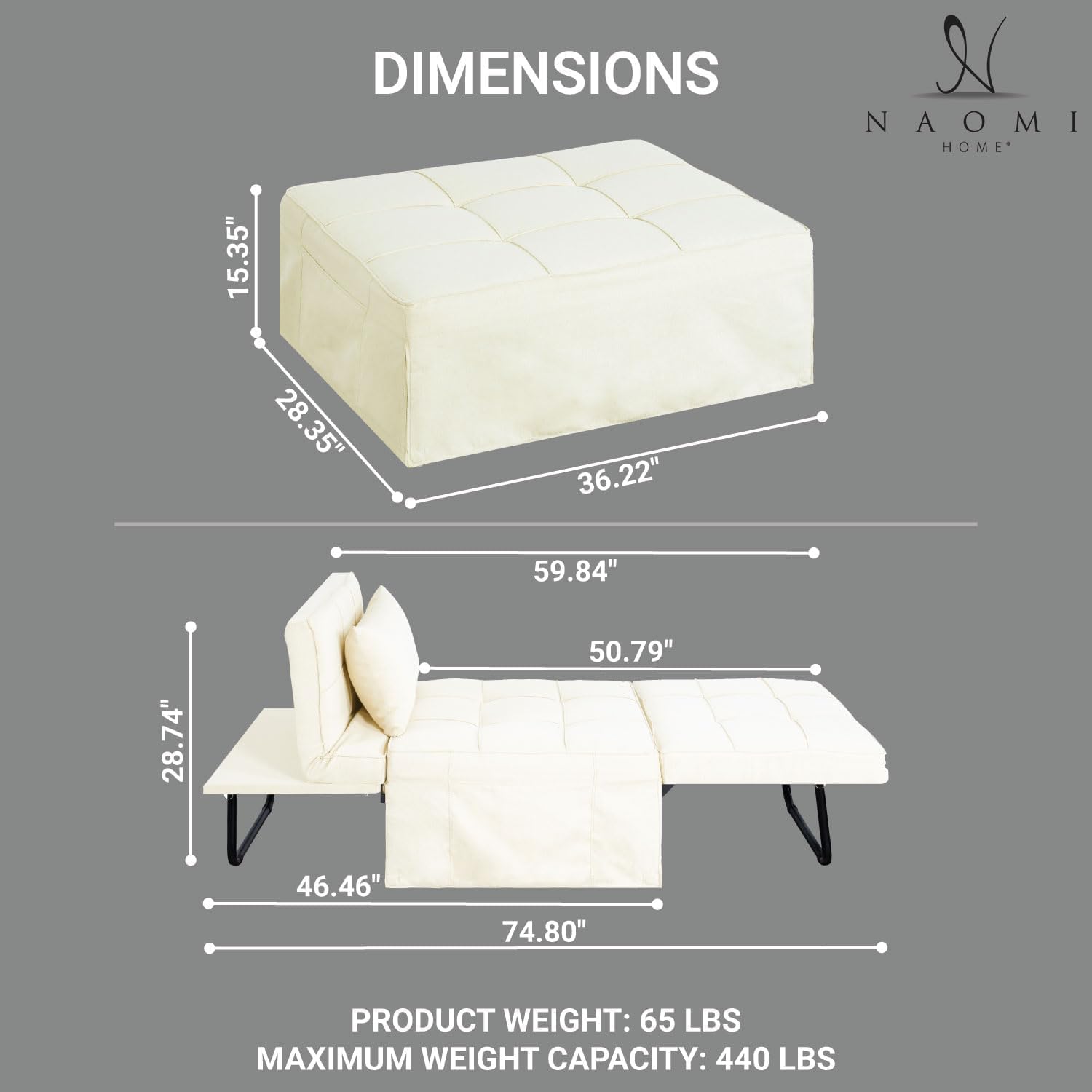 Cama con silla de dormir, cama otomana convertible multifunción 4 en 1, silla de cama de lino transpirable, sofá cama convertible con respaldo
