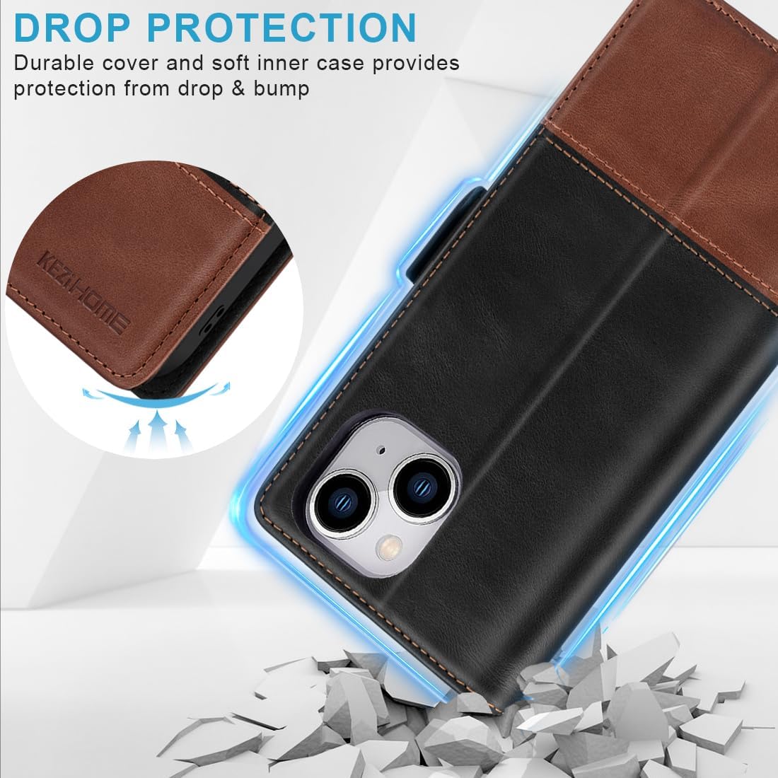 KEZiHOME Funda tipo cartera compatible con iPhone 15 Pro Max, piel auténtica bloqueo RFID para iPhone 15 Pro Max, ranura para tarjetas, soporte
