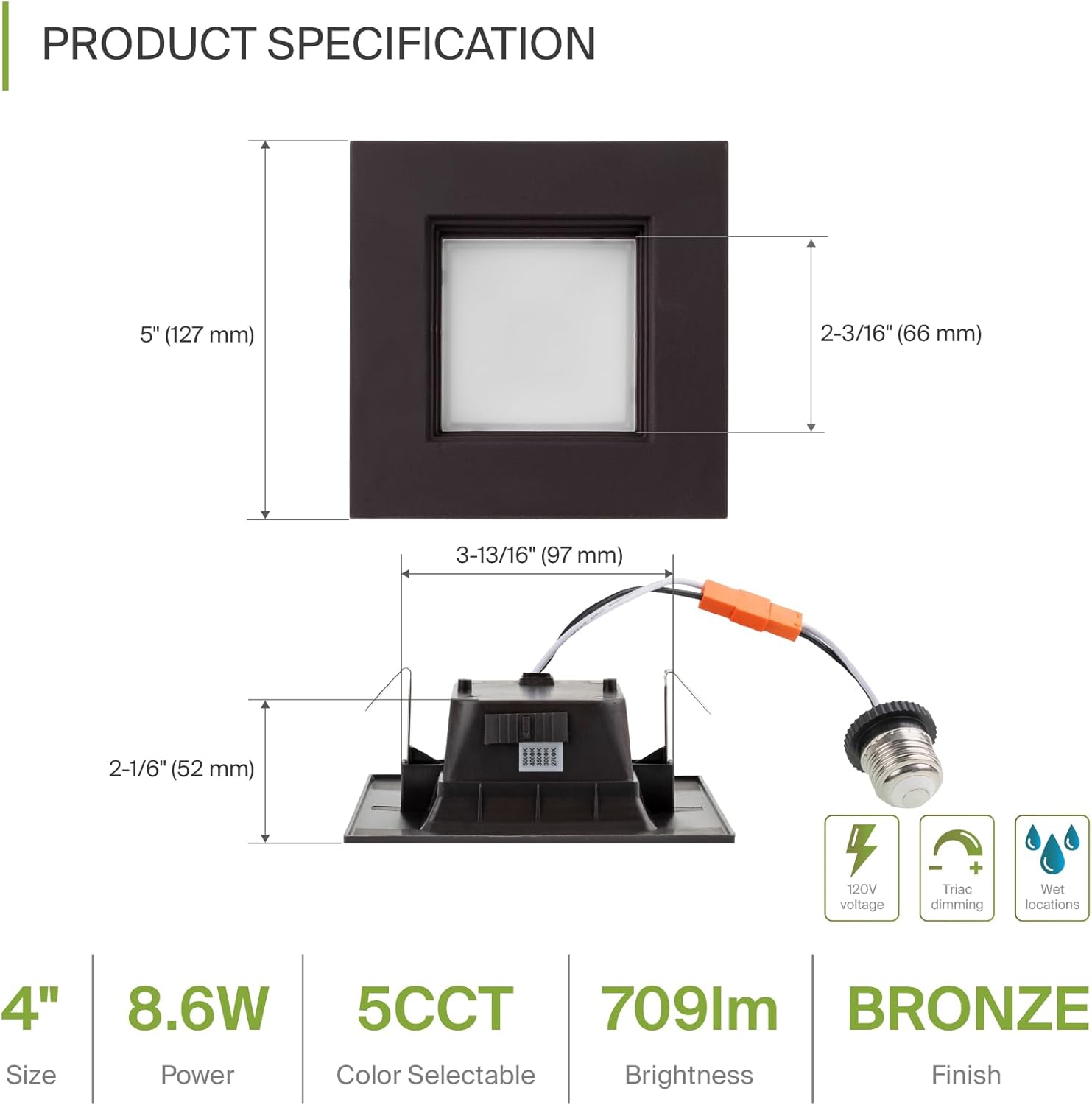 ASD Kit de reequipamiento de luces LED empotrables de bronce de 4 pulgadas cuadrado 5CCT 2700K 3000K 3500K 4000K 5000K Color ajustable 9W 709LM