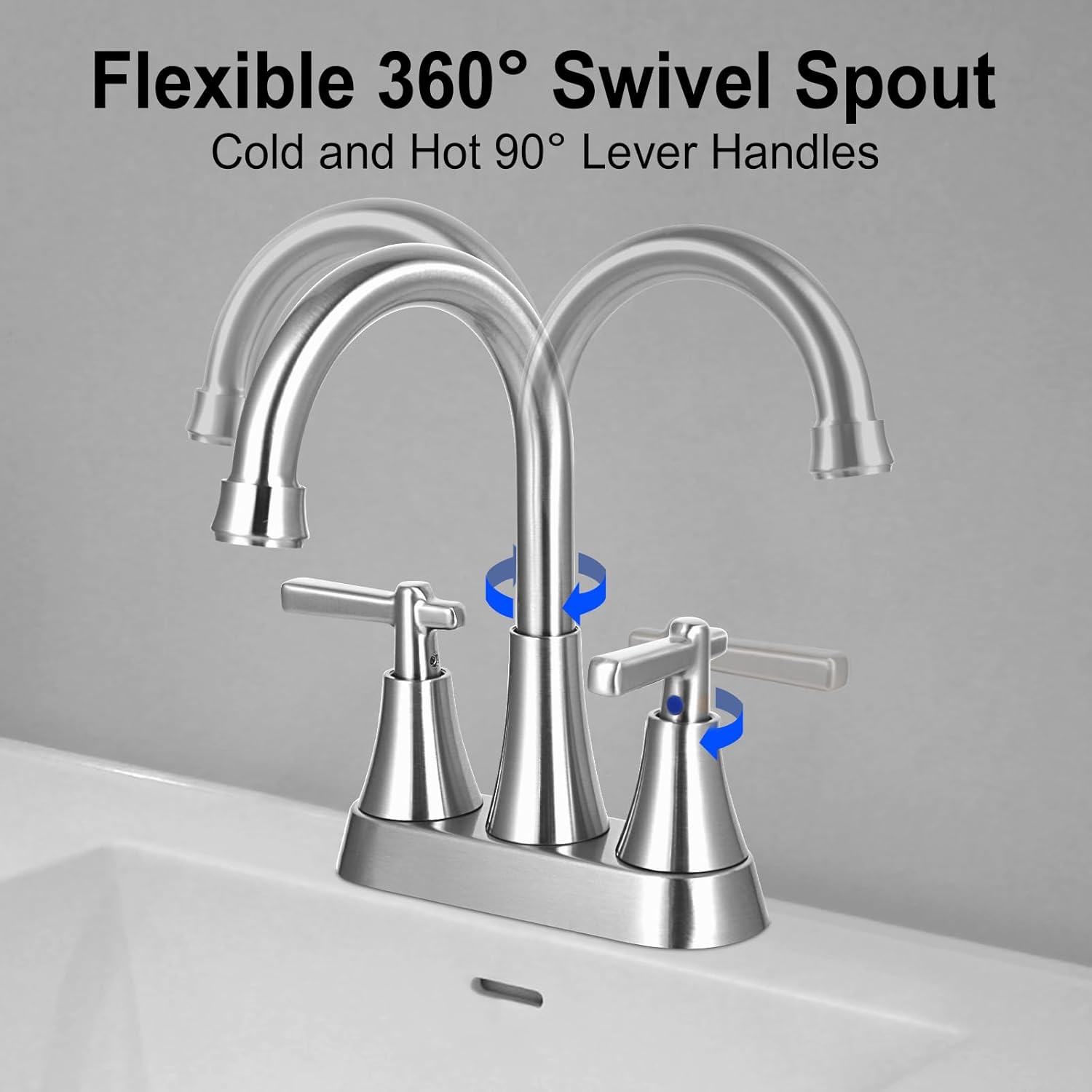Grifo de baño, grifo de lavabo de baño de 3 agujeros de 4 pulgadas, juego central de acero inoxidable sin plomo, 2 asas, con drenaje desplegable y 2