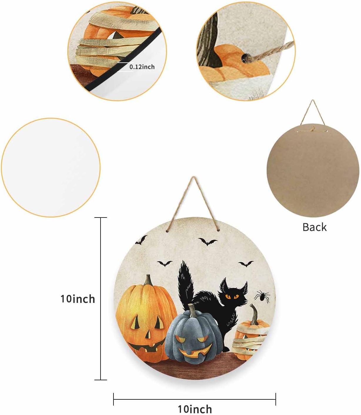 Letrero de bienvenida para decoración de puerta delantera, calabaza de Halloween, gato negro, murciélago, cuervo, coronas de 10 pulgadas, decoración