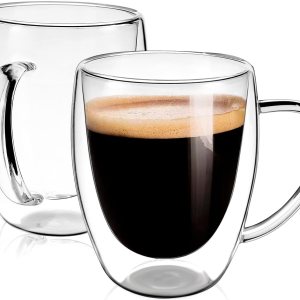 Juego de 2 tazas de café redondas con aislamiento de doble pared de vidrio transparente, tamaño mediano, 12 onzas, la mejor taza de café Juego de 2 tazas de café redondas con aislamiento de doble pared de vidrio transparente, tamaño mediano, 12 onzas, la mejor taza de café