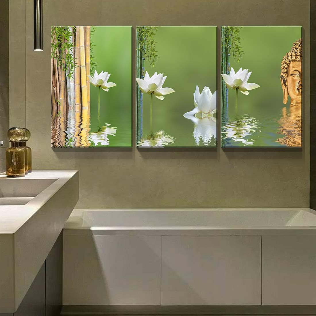 Denozer – Lienzo decorativo para pared de 3 piezas – Naturaleza muerta con bambú de loto blanco y estatua de Buda – Arte moderno para el hogar