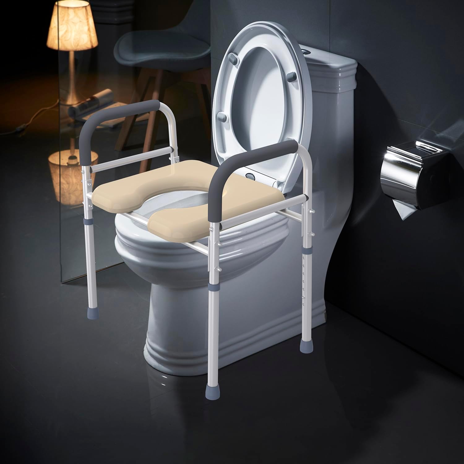 Asiento de inodoro elevado con brazos y cojín suave en forma de U, 400 libras, 25.4 pulgadas de ancho, altura ajustable, asiento elevado, asiento