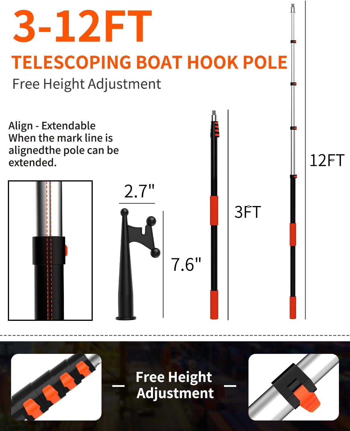 Buyplus Poste de gancho telescópico para barco, gancho para embarcación con poste de extensión telescópico de aluminio de 12 pies, mango
