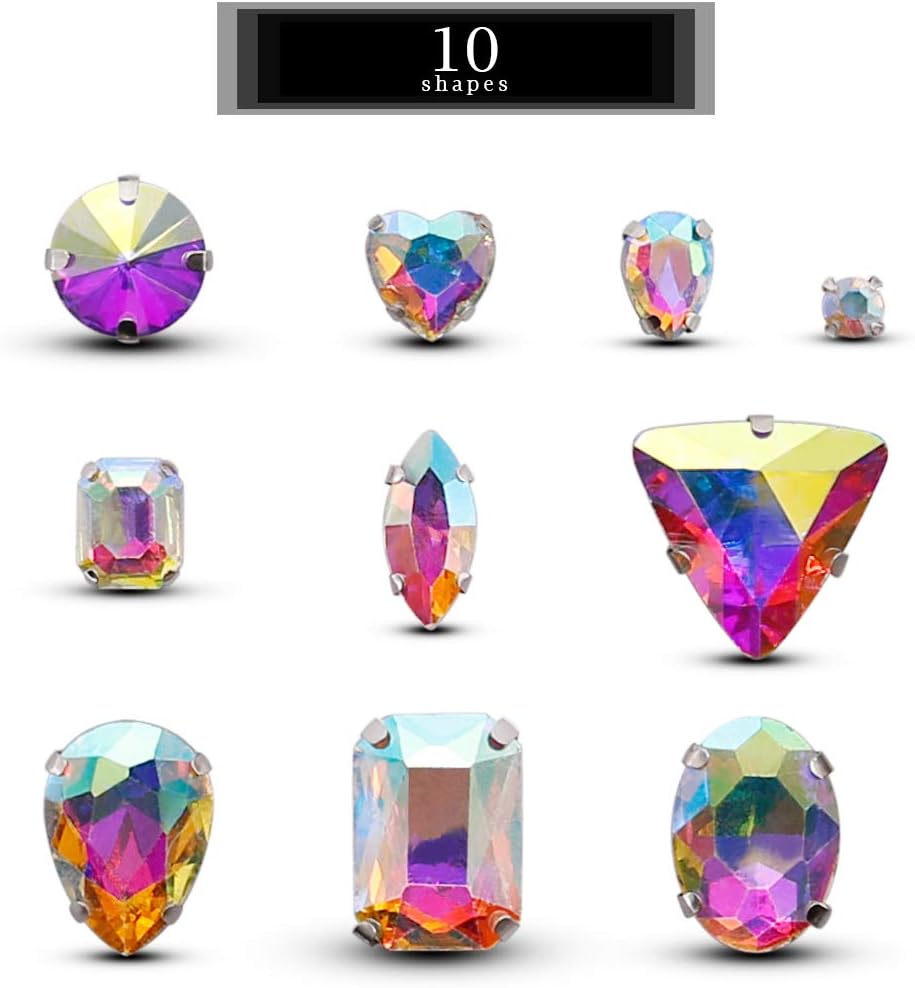 TANOSII 100 diamantes de imitación para coser con formas mixtas, gemas de cristal para coser en gemas de cristal, parte trasera plana con garra