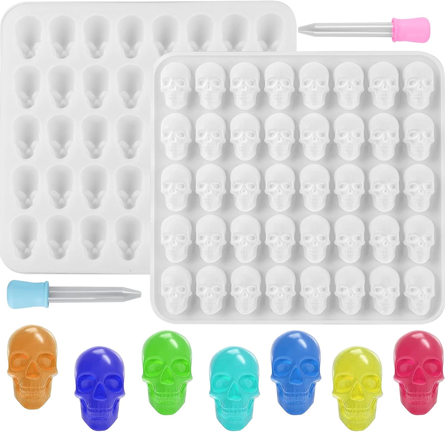 2 moldes de silicona para caramelos de calavera en forma de gomita, moldes de calavera 3D, molde de azúcar, molde de chocolate con 40 cavidades,