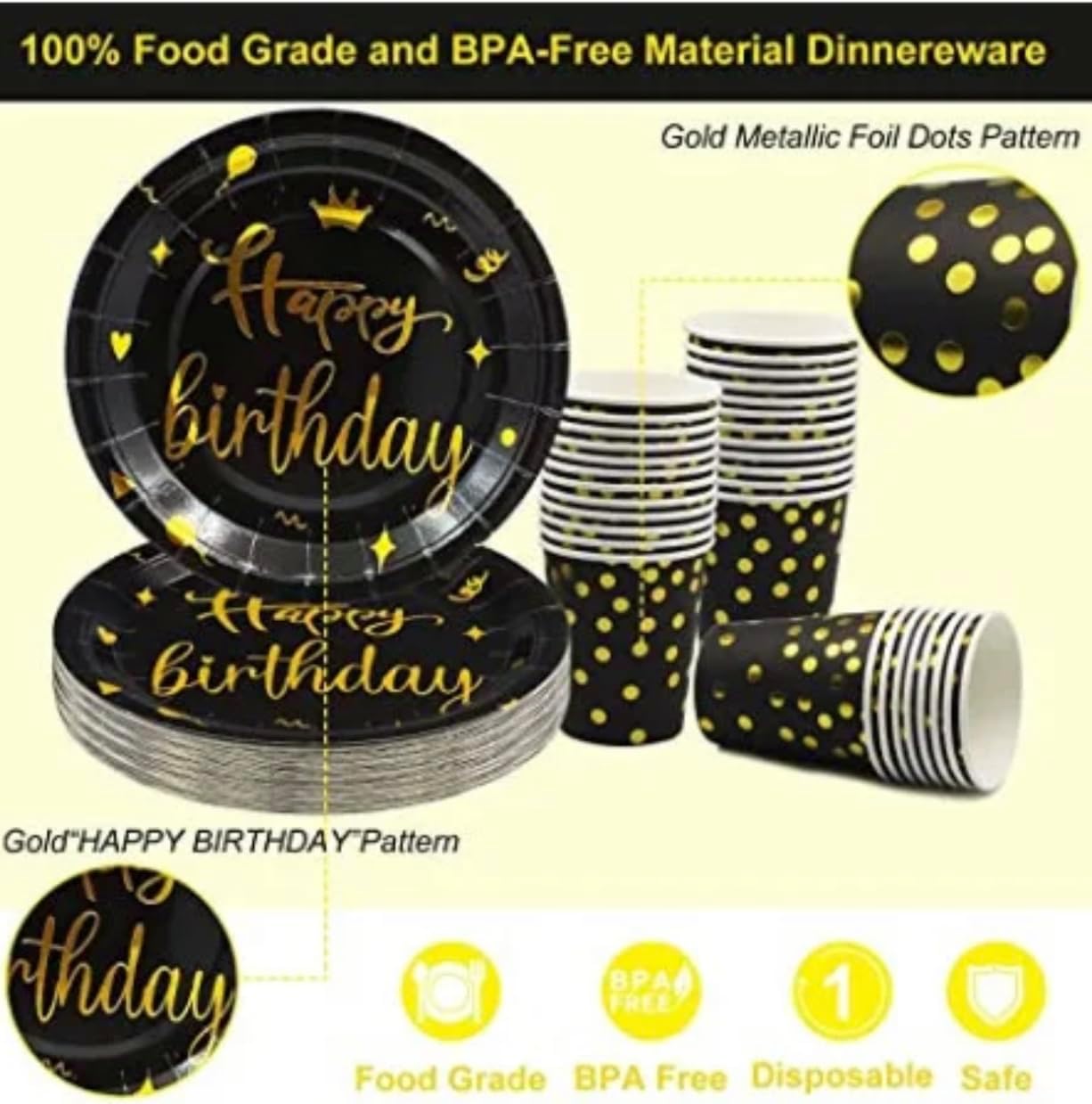 Juego de vajilla desechable de 40 piezas para fiesta de cumpleaños, platos, servilletas y tazas, sirve para 10 invitados (negro y dorado)