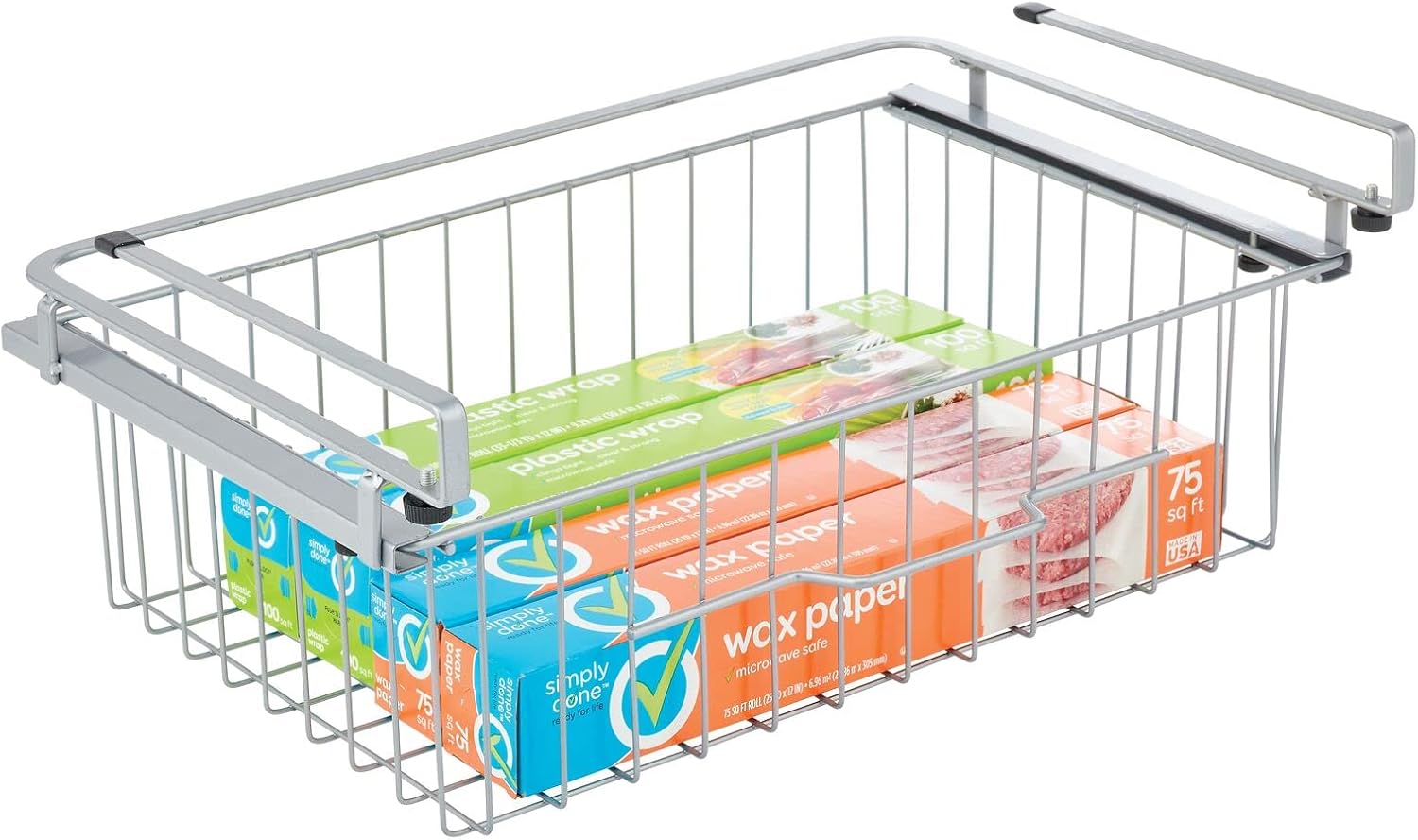 mDesign Cesta grande de alambre de metal para colgar en cajón, organizador de almacenamiento deslizante debajo del estante, se fija a la estantería,