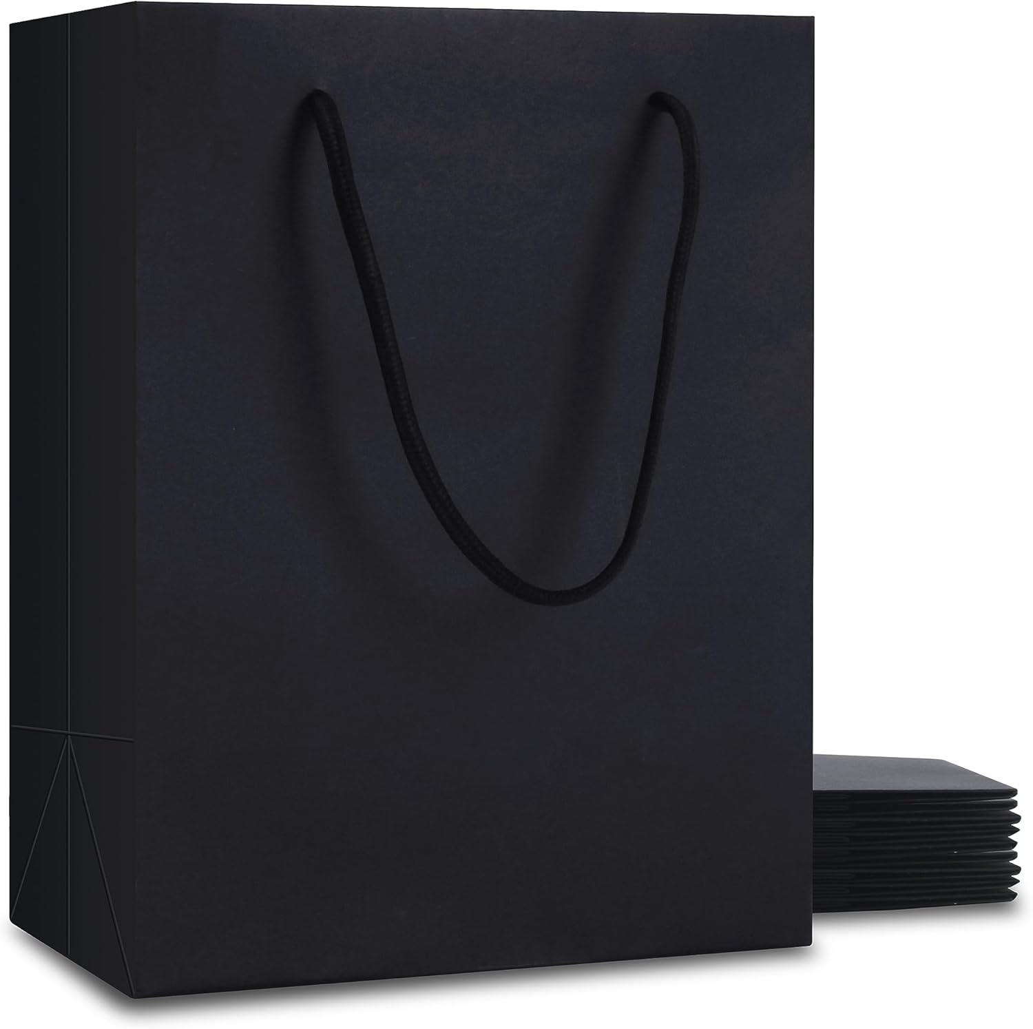 YACEYACE Bolsas de regalo negras de tamaño mediano, 10 unidades de 8 x 4.25 x 10 pulgadas, bolsas de regalo negras medianas con asas de cinta,