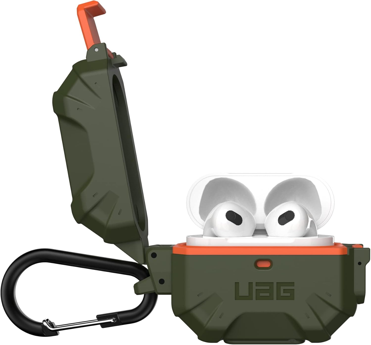 URBAN ARMOR GEAR UAG – Funda protectora duradera y suave al tacto diseñada para AirPod, color verde y naranja (3 generación, 2021) con mosquetón