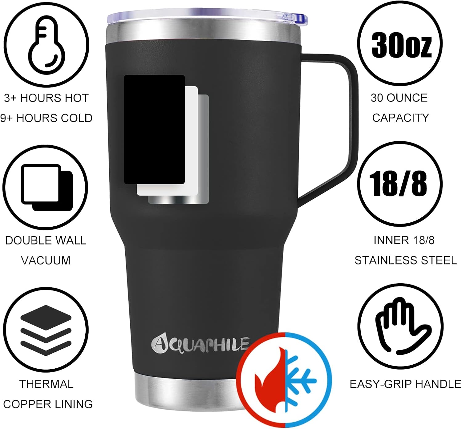 AQUAPHILE Taza de café aislada de acero inoxidable de 30 onzas con asa, taza de viaje al vacío de doble pared con tapa y pajita, taza de café