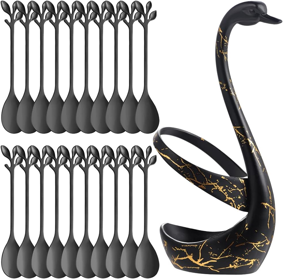 AnSaw Juego de soporte para cucharas de café pequeñas negras, base de cisne con 20 cucharas de espresso Demitasse, cuchara de postre de 4.7