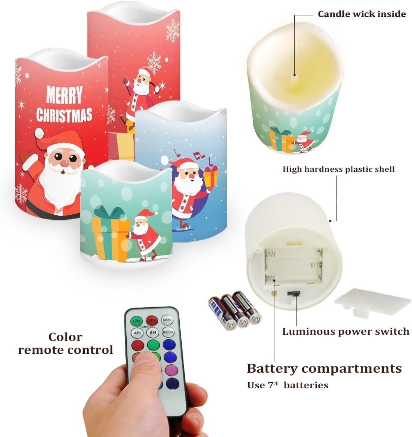 Velas sin llama de Papá Noel con control remoto para decoración de mesa del hogar, velas de pilar de Navidad a pilas, 4 paquetes