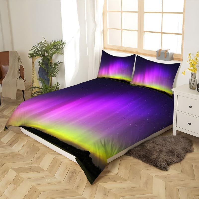 Juego de funda de edredón tamaño individual con estampado de paisaje de Aurora morada, funda de edredón de microfibra suave y 2 fundas de almohada
